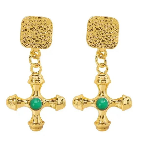 Vintage 18KGold Plated Stainless Steel Waterproof GreenOnyx Stone Cross Earrings - Picture 3 of 16